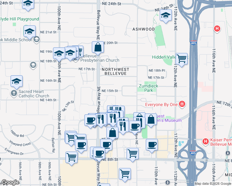 map of restaurants, bars, coffee shops, grocery stores, and more near 10455 Northeast 15th Street in Bellevue