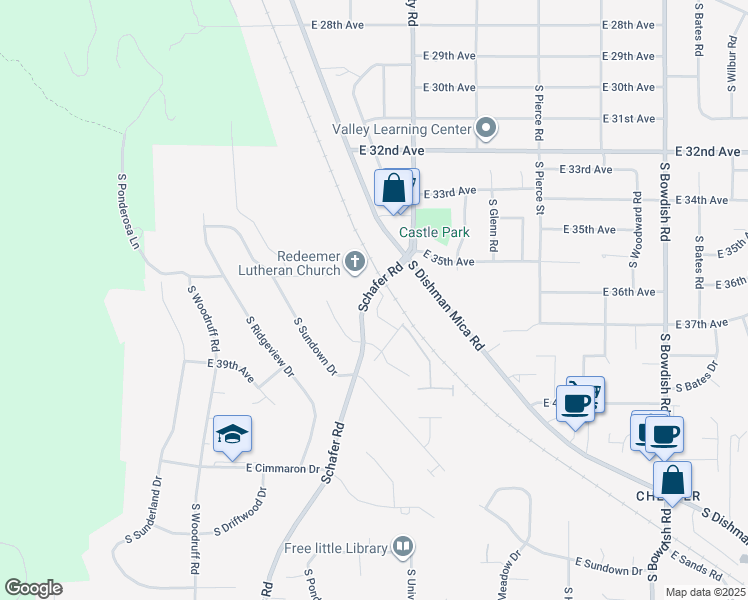 map of restaurants, bars, coffee shops, grocery stores, and more near 3609 South Old Schafer Lane in Spokane Valley