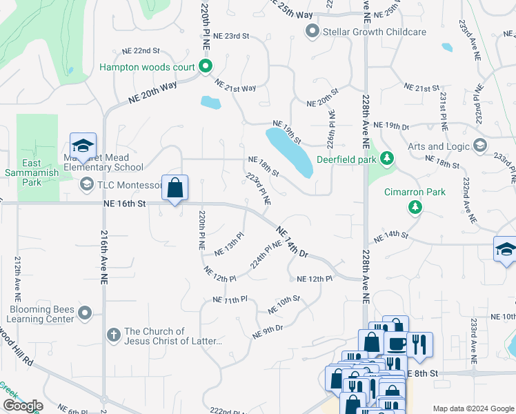 map of restaurants, bars, coffee shops, grocery stores, and more near 1418 223rd Place Northeast in Sammamish