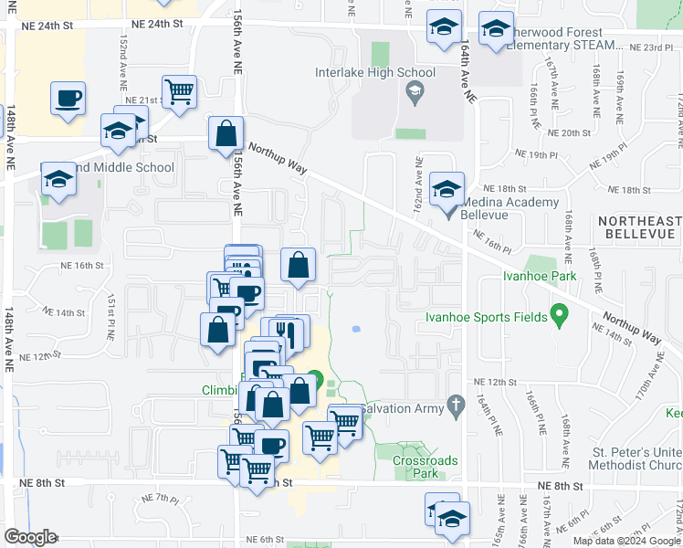 map of restaurants, bars, coffee shops, grocery stores, and more near 15940 Northeast 15th Street in Bellevue