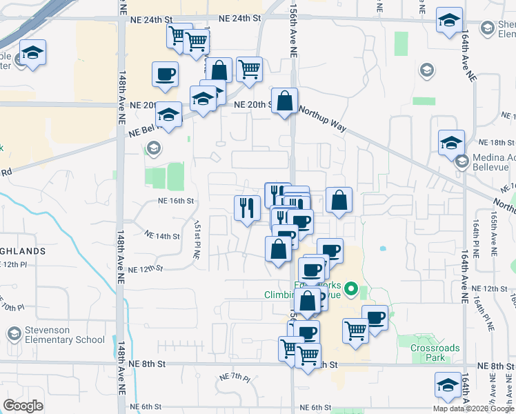 map of restaurants, bars, coffee shops, grocery stores, and more near 15416 Northeast 15th Place in Bellevue