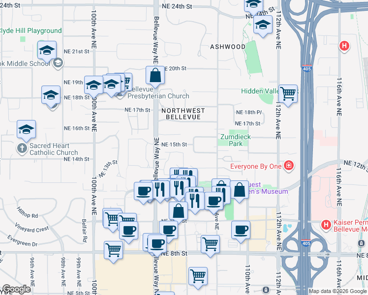map of restaurants, bars, coffee shops, grocery stores, and more near 10455 Northeast 15th Street in Bellevue
