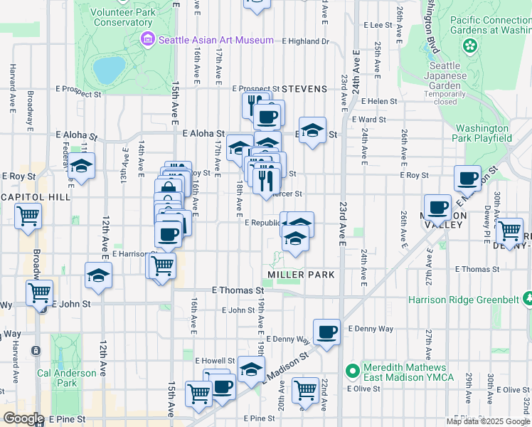 map of restaurants, bars, coffee shops, grocery stores, and more near 506 19th Avenue East in Seattle