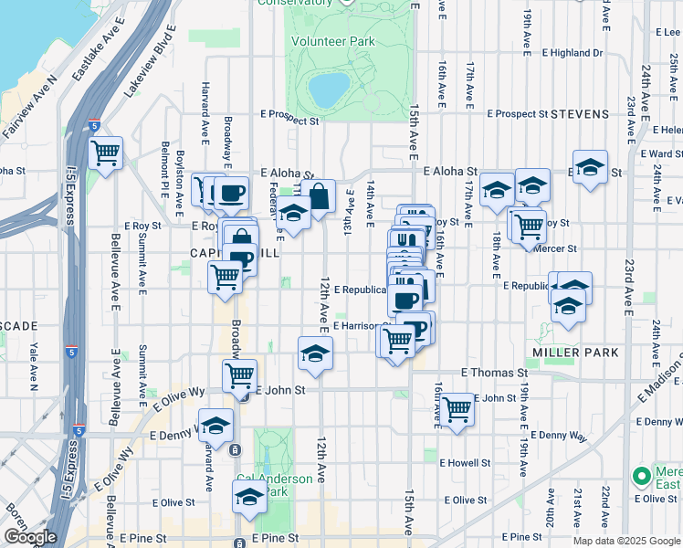 map of restaurants, bars, coffee shops, grocery stores, and more near 515 13th Avenue East in Seattle