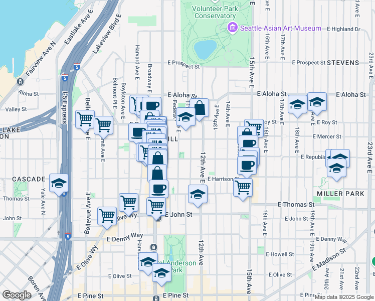 map of restaurants, bars, coffee shops, grocery stores, and more near 510 11th Avenue East in Seattle