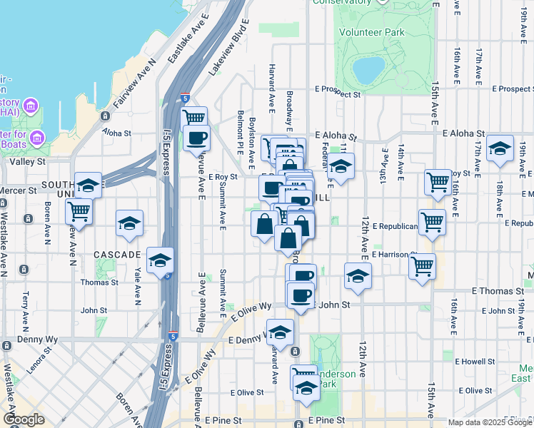 map of restaurants, bars, coffee shops, grocery stores, and more near 505 Broadway East in Seattle