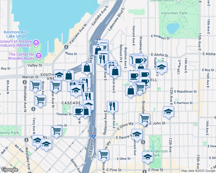 map of restaurants, bars, coffee shops, grocery stores, and more near 510 Bellevue Avenue East in Seattle