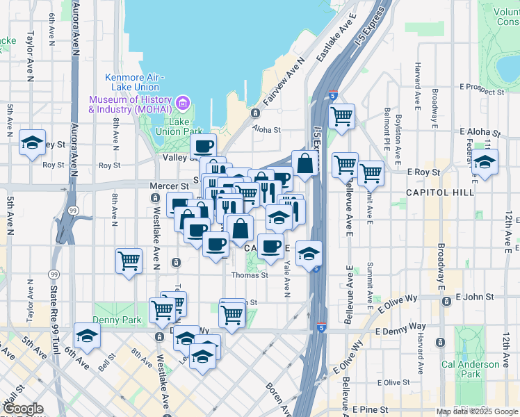 map of restaurants, bars, coffee shops, grocery stores, and more near 510 Minor Avenue North in Seattle
