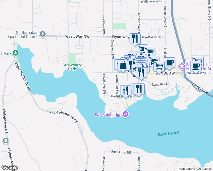 map of restaurants, bars, coffee shops, grocery stores, and more near 268 Lovell Avenue Southwest in Bainbridge Island