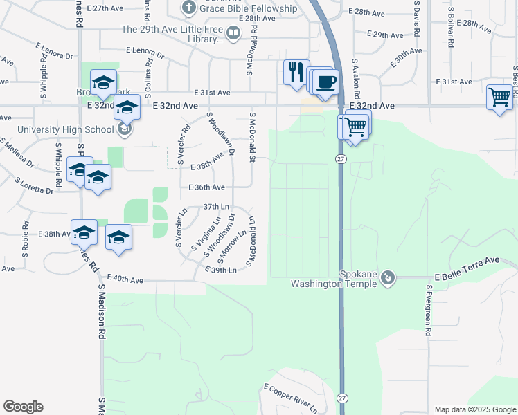 map of restaurants, bars, coffee shops, grocery stores, and more near 13025 East 37th Court in Spokane Valley