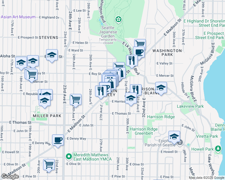 map of restaurants, bars, coffee shops, grocery stores, and more near 2811 East Madison Street in Seattle