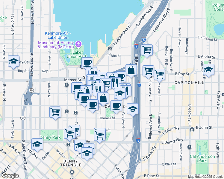 map of restaurants, bars, coffee shops, grocery stores, and more near 535 Pontius Avenue North in Seattle
