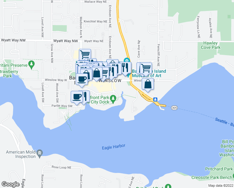 map of restaurants, bars, coffee shops, grocery stores, and more near 441 Shannon Drive Southeast in Bainbridge Island