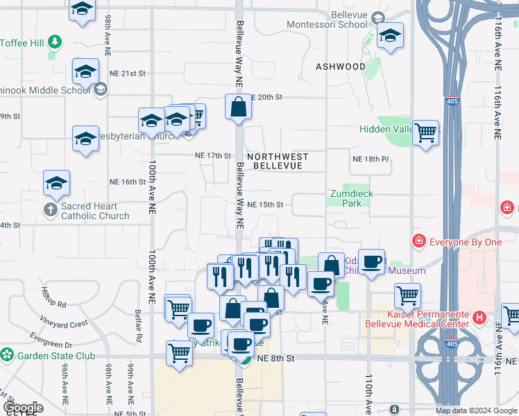 map of restaurants, bars, coffee shops, grocery stores, and more near 10425 Northeast 15th Street in Bellevue