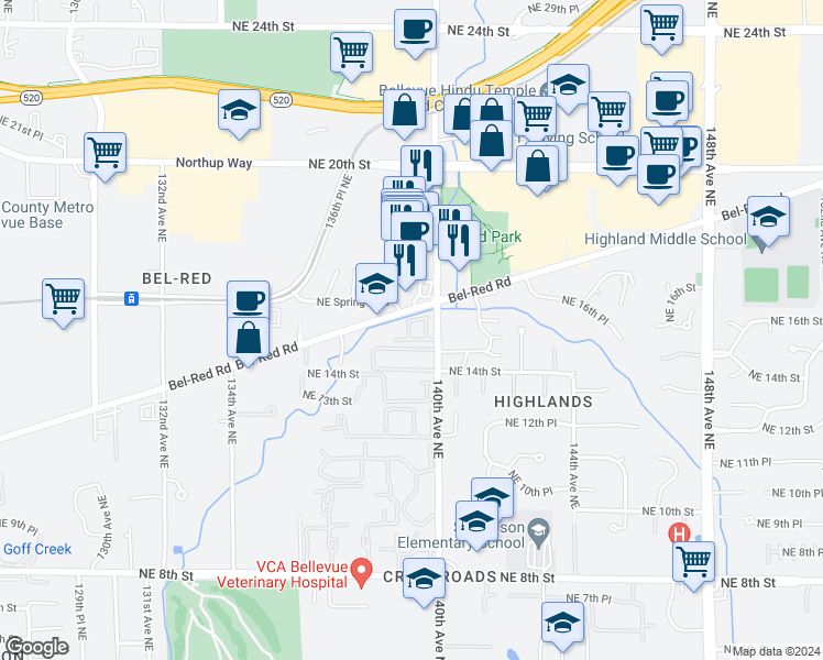 map of restaurants, bars, coffee shops, grocery stores, and more near 1542 139th Court Northeast in Bellevue