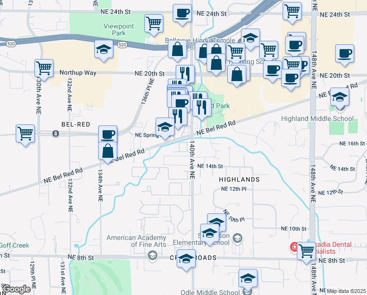 map of restaurants, bars, coffee shops, grocery stores, and more near 1520 139th Court Northeast in Bellevue
