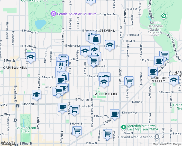 map of restaurants, bars, coffee shops, grocery stores, and more near 506 19th Avenue East in Seattle
