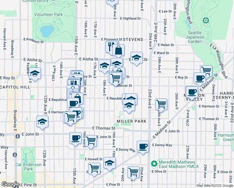 map of restaurants, bars, coffee shops, grocery stores, and more near 506 19th Avenue East in Seattle