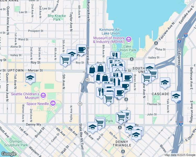 map of restaurants, bars, coffee shops, grocery stores, and more near 500 Dexter Avenue North in Seattle