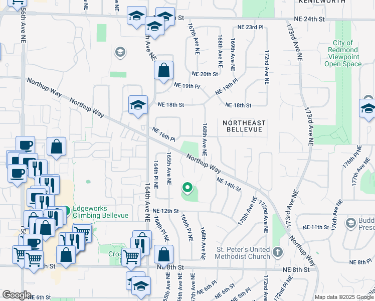 map of restaurants, bars, coffee shops, grocery stores, and more near 16600 Northup Way in Bellevue