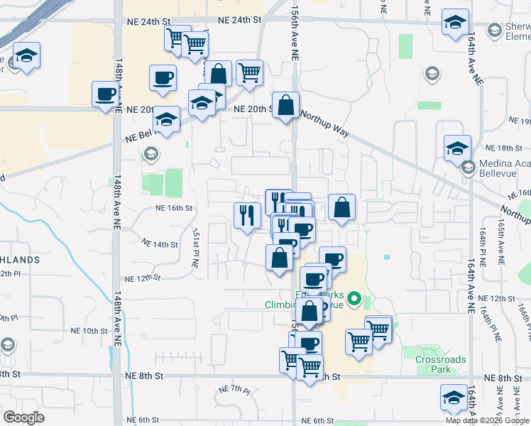 map of restaurants, bars, coffee shops, grocery stores, and more near 15538 Northeast 15th Place in Bellevue