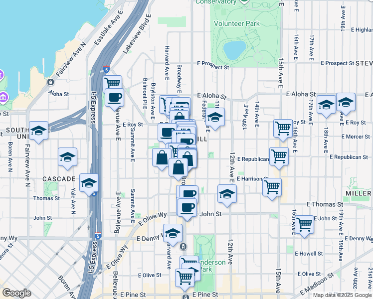 map of restaurants, bars, coffee shops, grocery stores, and more near Broadway Ave E in Seattle
