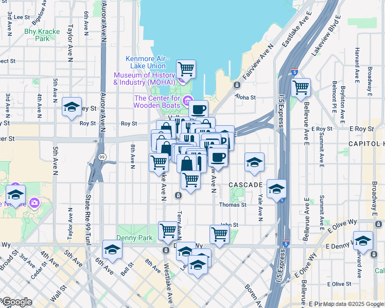 map of restaurants, bars, coffee shops, grocery stores, and more near 525 Boren Avenue North in Seattle