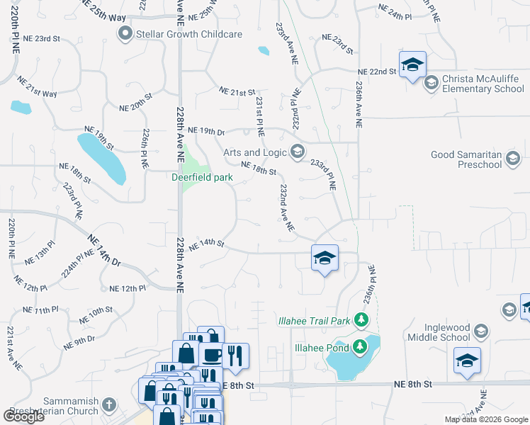map of restaurants, bars, coffee shops, grocery stores, and more near 22928 Northeast 15th Place in Sammamish