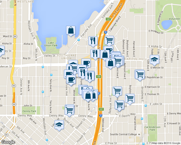 map of restaurants, bars, coffee shops, grocery stores, and more near 501 Eastlake Avenue East in Seattle