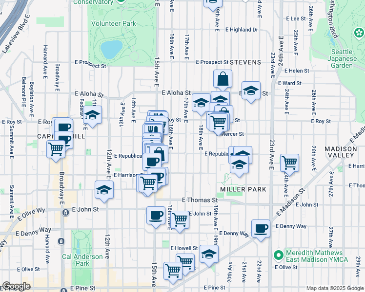 map of restaurants, bars, coffee shops, grocery stores, and more near 513 17th Avenue East in Seattle