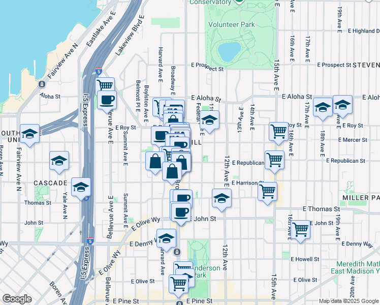 map of restaurants, bars, coffee shops, grocery stores, and more near in Seattle