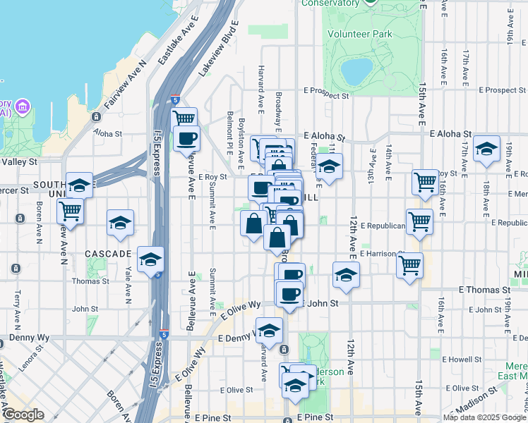 map of restaurants, bars, coffee shops, grocery stores, and more near 505 Broadway East in Seattle