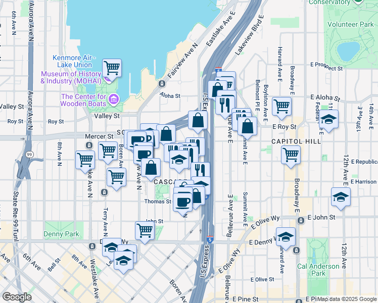 map of restaurants, bars, coffee shops, grocery stores, and more near 501 Eastlake Avenue East in Seattle