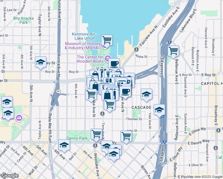 map of restaurants, bars, coffee shops, grocery stores, and more near 500 Boren Avenue North in Seattle