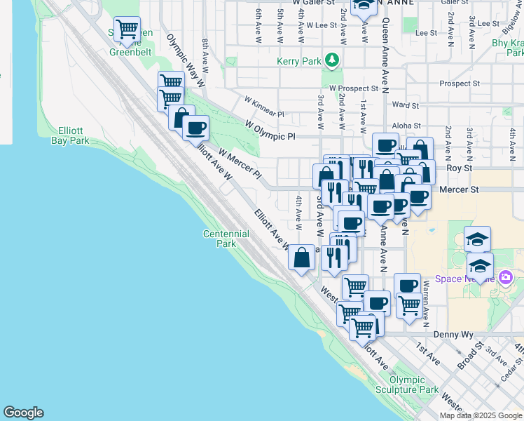 map of restaurants, bars, coffee shops, grocery stores, and more near 482 Elliott Avenue West in Seattle