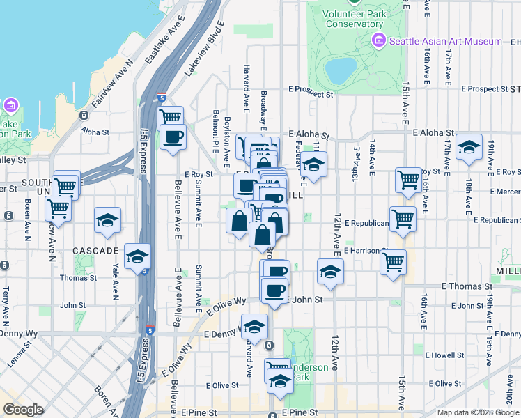 map of restaurants, bars, coffee shops, grocery stores, and more near 505 Broadway East in Seattle