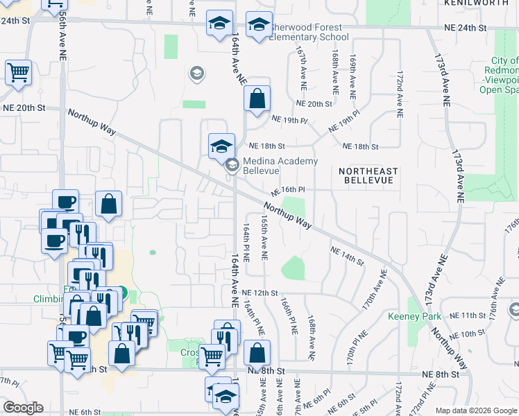 map of restaurants, bars, coffee shops, grocery stores, and more near 1502 165th Avenue Northeast in Bellevue