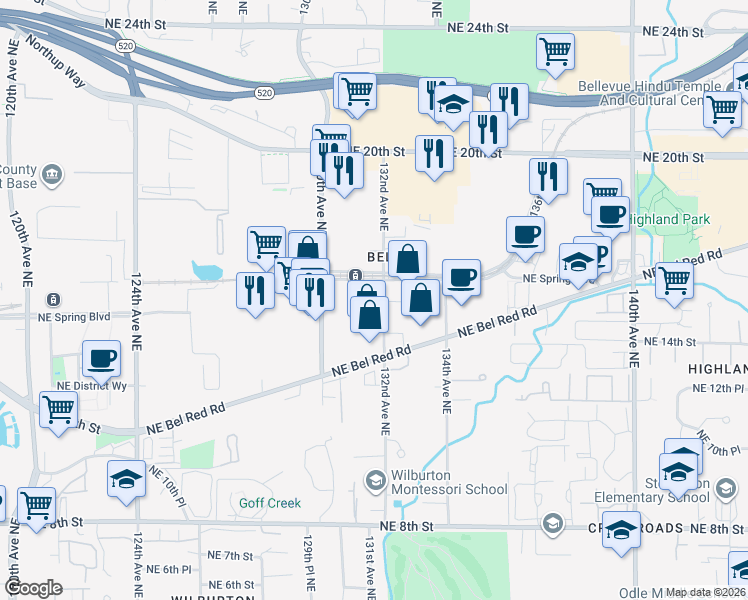 map of restaurants, bars, coffee shops, grocery stores, and more near 13166 Northeast 15th Street in Bellevue
