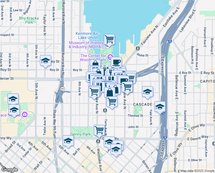 map of restaurants, bars, coffee shops, grocery stores, and more near 510 Terry Avenue North in Seattle