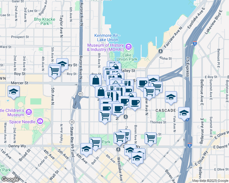 map of restaurants, bars, coffee shops, grocery stores, and more near 515 Westlake Avenue North in Seattle