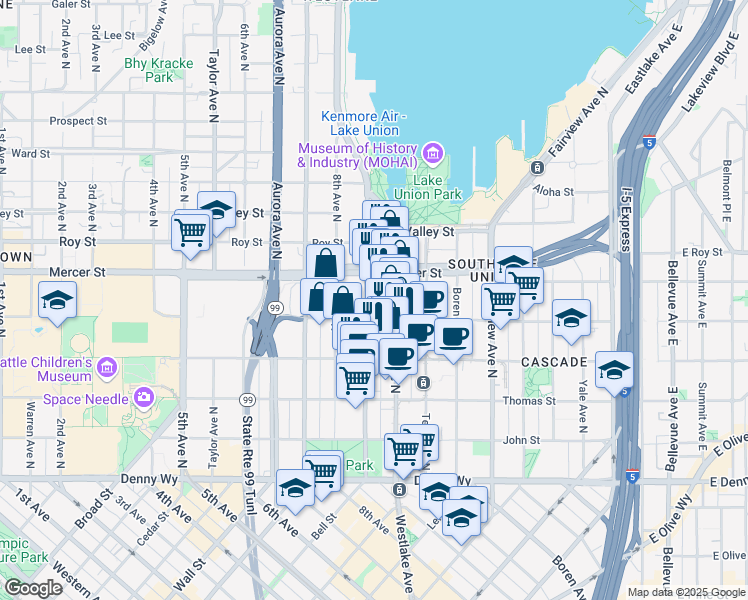 map of restaurants, bars, coffee shops, grocery stores, and more near 500 9th Avenue North in Seattle
