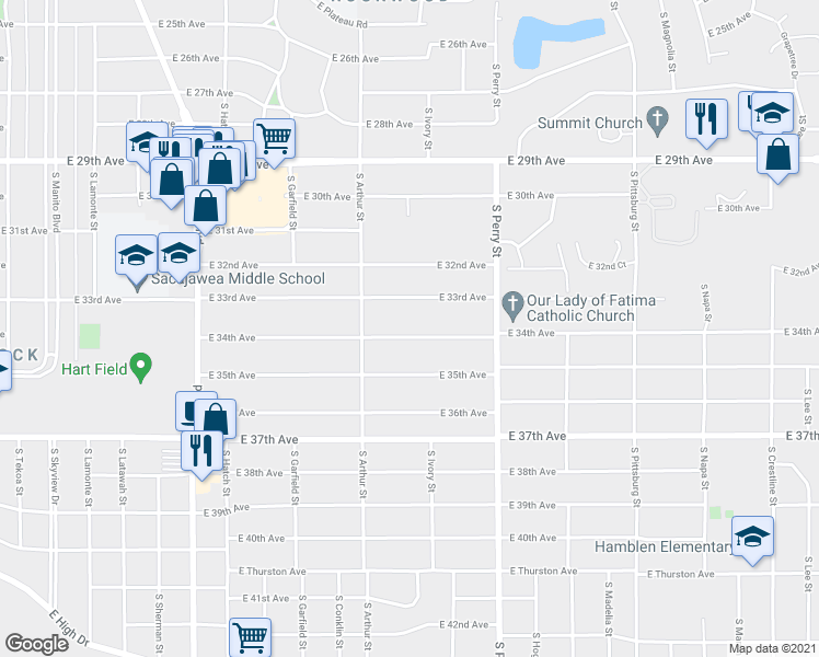 map of restaurants, bars, coffee shops, grocery stores, and more near 1117 East 34th Avenue in Spokane