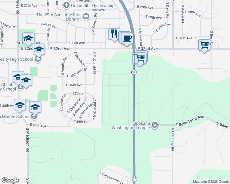 map of restaurants, bars, coffee shops, grocery stores, and more near 13400 E 32nd Ave in Spokane Valley
