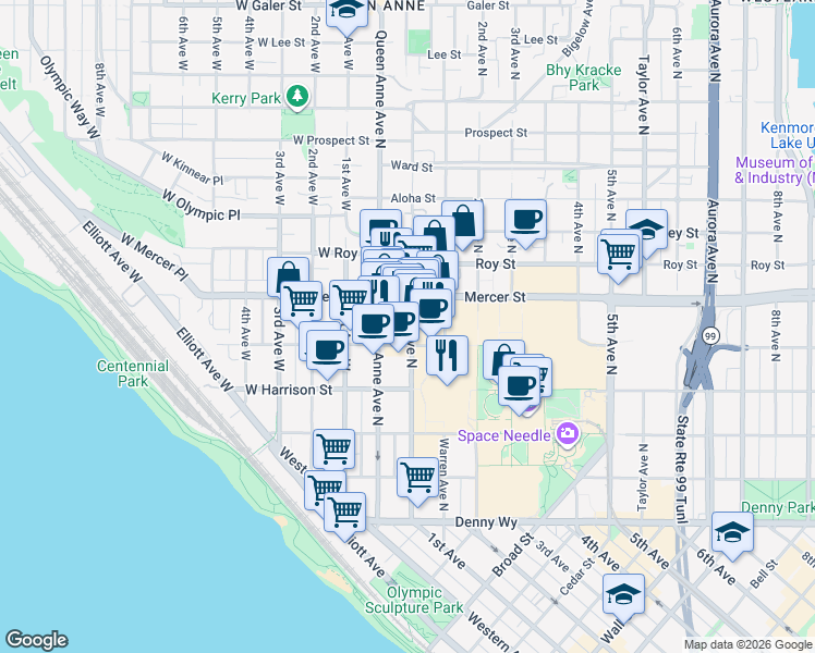map of restaurants, bars, coffee shops, grocery stores, and more near 515 1st Avenue North in Seattle