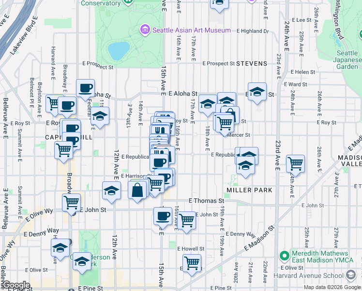 map of restaurants, bars, coffee shops, grocery stores, and more near 501 16th Avenue East in Seattle