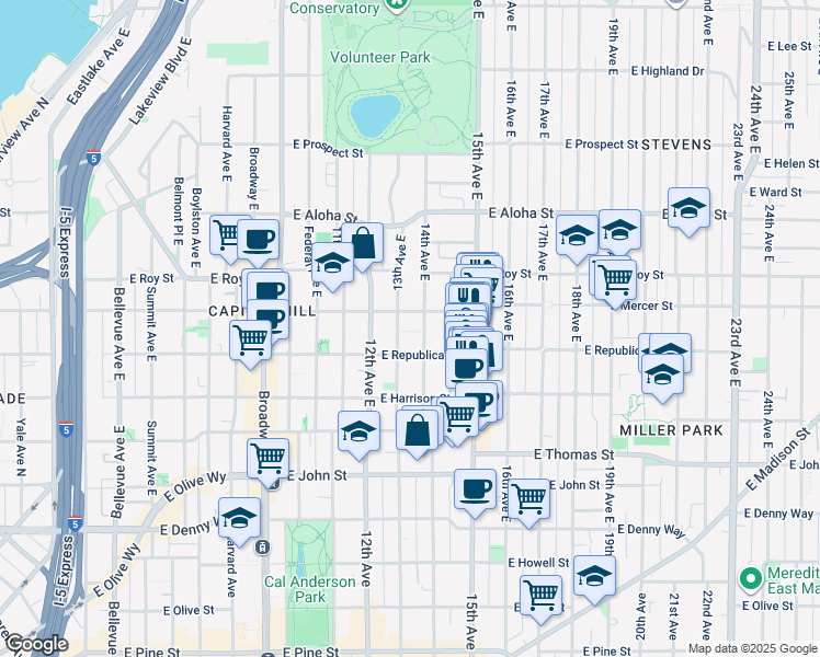 map of restaurants, bars, coffee shops, grocery stores, and more near 512 14th Avenue East in Seattle