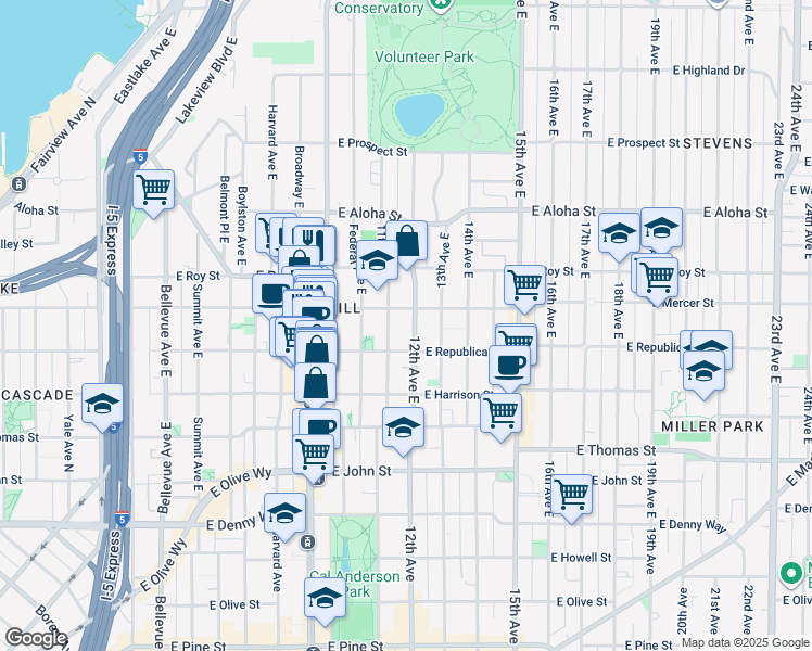 map of restaurants, bars, coffee shops, grocery stores, and more near 510 11th Avenue East in Seattle