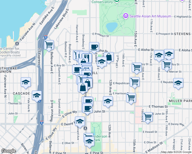 map of restaurants, bars, coffee shops, grocery stores, and more near 511 Federal Avenue East in Seattle