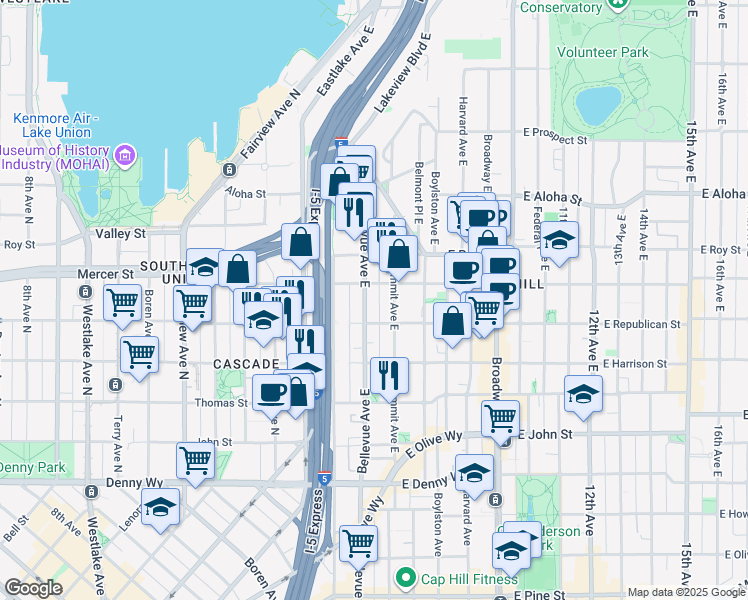 map of restaurants, bars, coffee shops, grocery stores, and more near 510 Bellevue Avenue East in Seattle