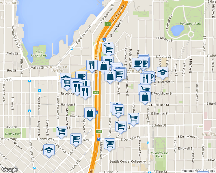 map of restaurants, bars, coffee shops, grocery stores, and more near 510 Bellevue Avenue East in Seattle